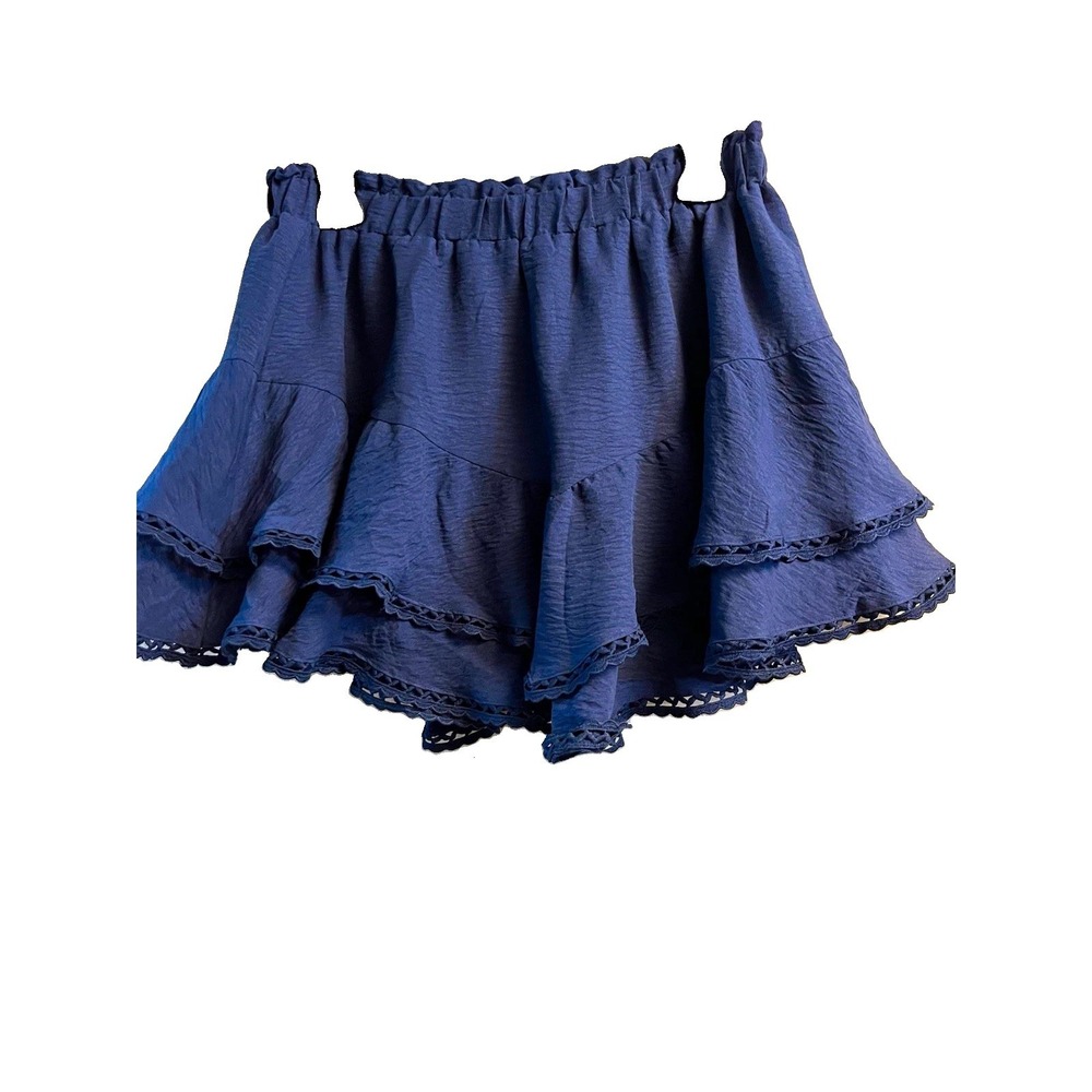 Navy Blue Tiered Ruffle Skort Shorts Women's Medium Elastic Waist Boho Crochet M